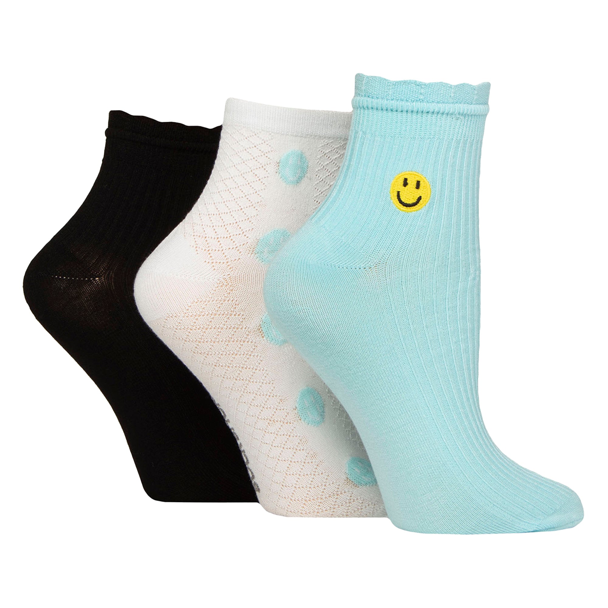 Elle 3 Pack Womens Ribbed Anklet Socks with Frill Welt