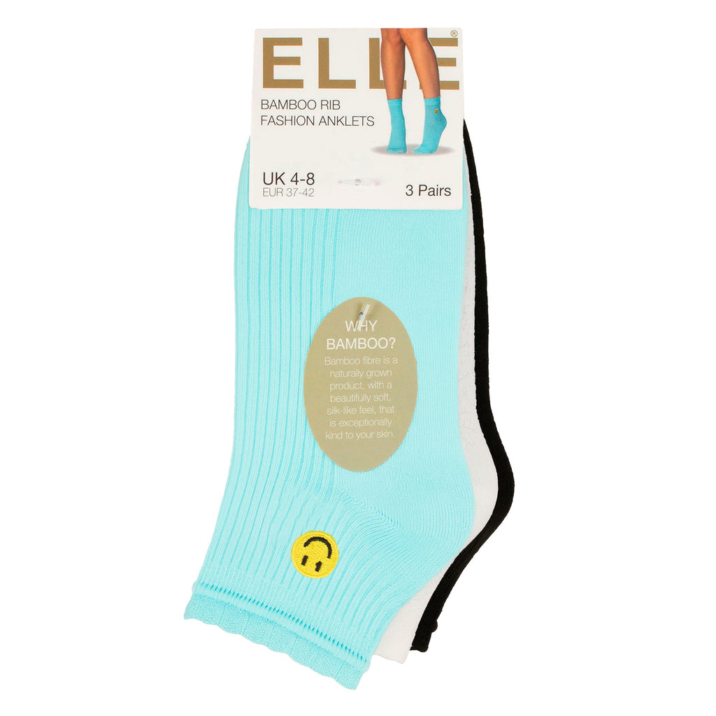 Elle 3 Pack Womens Ribbed Anklet Socks with Frill Welt