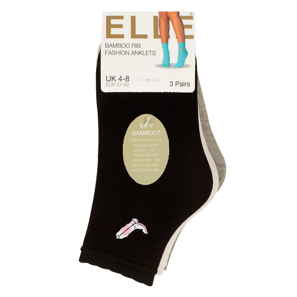 Elle 3 Pack Womens Ribbed Anklet Socks with Frill Welt
