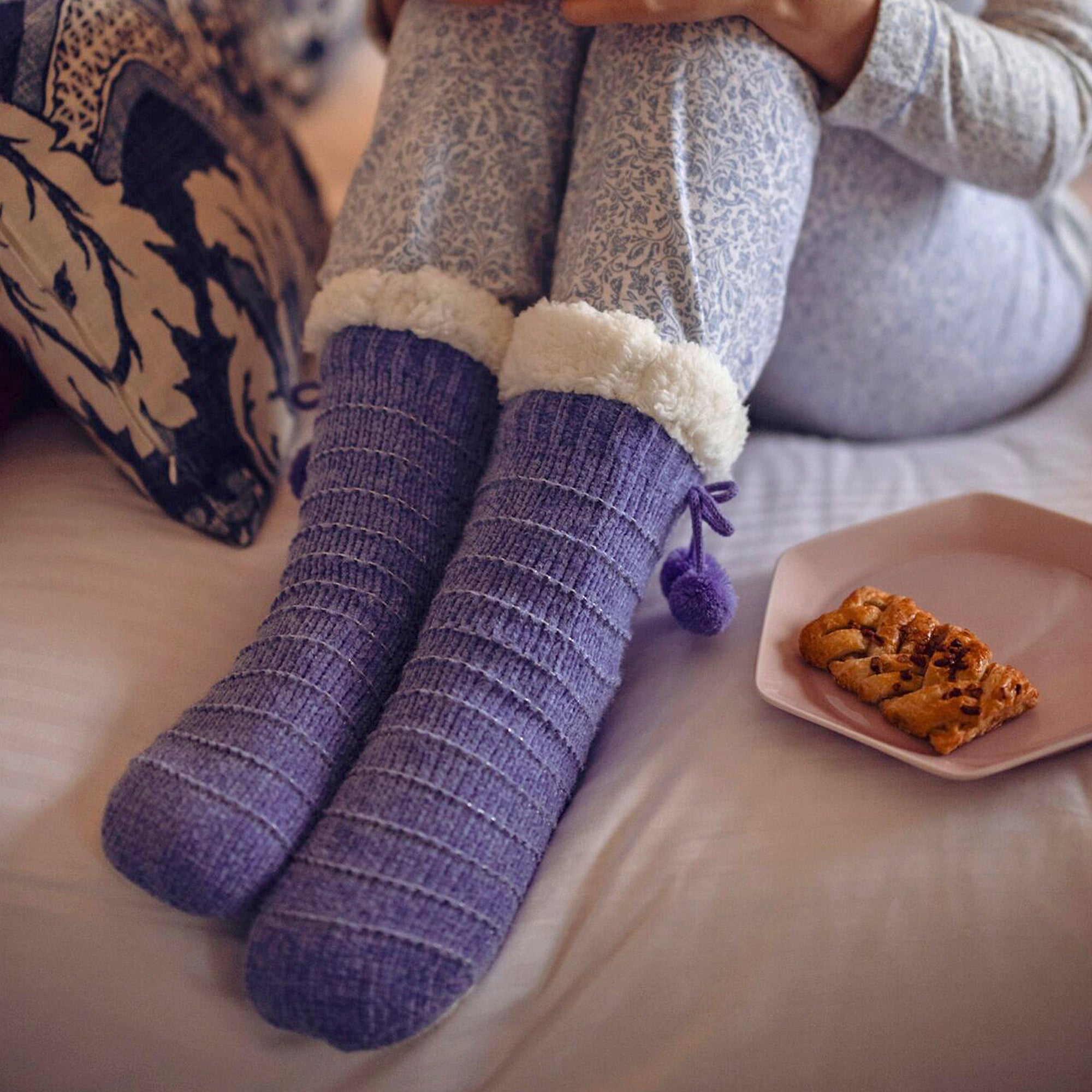Elle 1 Pair Womens Chenille Slipper Socks with Moccasin Sole - Soft Cosy Comfort