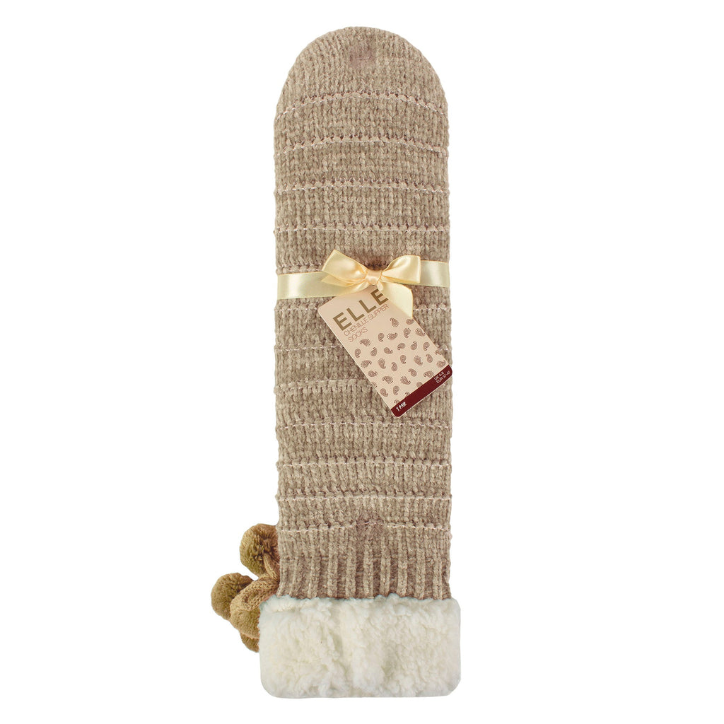 Elle 1 Pair Womens Chenille Slipper Socks with Moccasin Sole - Soft Cosy Comfort