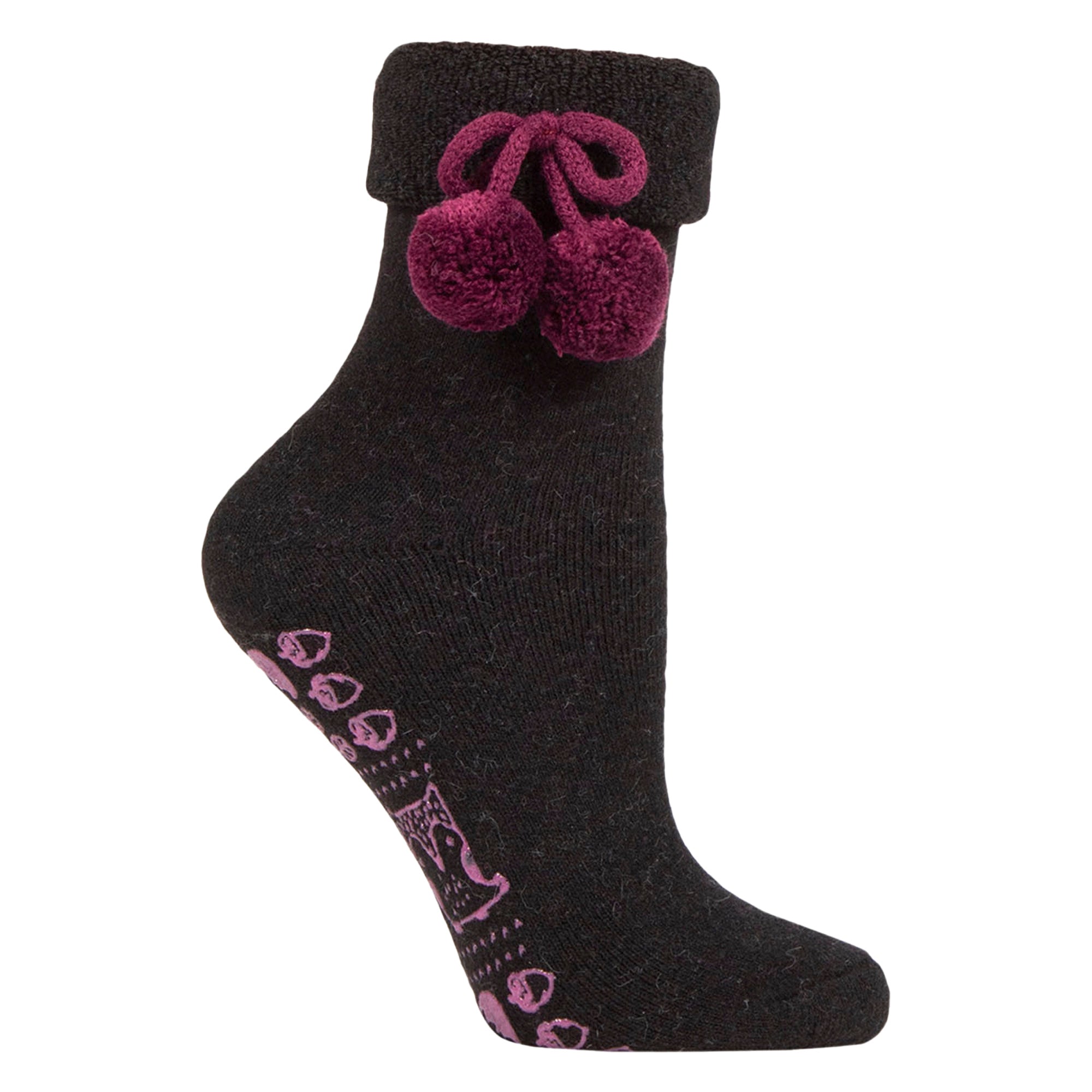 ELLE 1 Pair Womens Wool Mix Slipper Socks with Pom Pom - Warm Soft Cosy Comfort