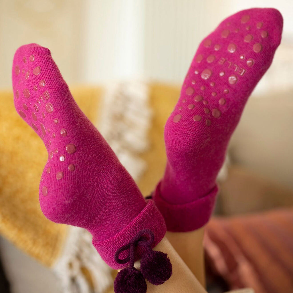 ELLE 1 Pair Womens Wool Mix Slipper Socks with Pom Pom - Warm Soft Cosy Comfort
