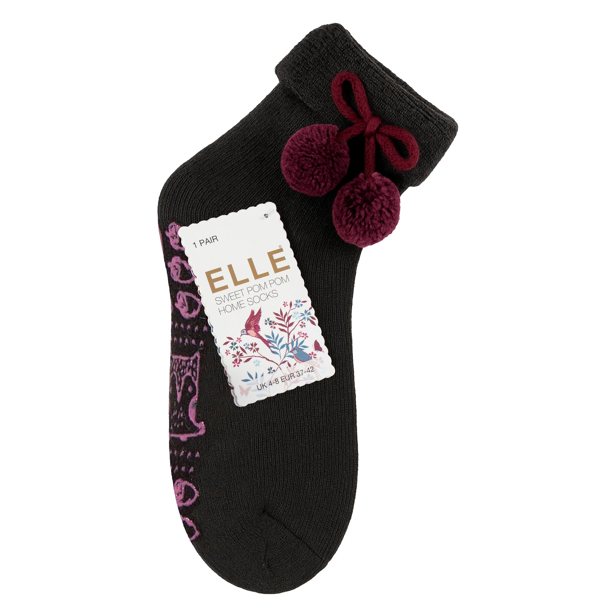 ELLE 1 Pair Womens Wool Mix Slipper Socks with Pom Pom - Warm Soft Cosy Comfort
