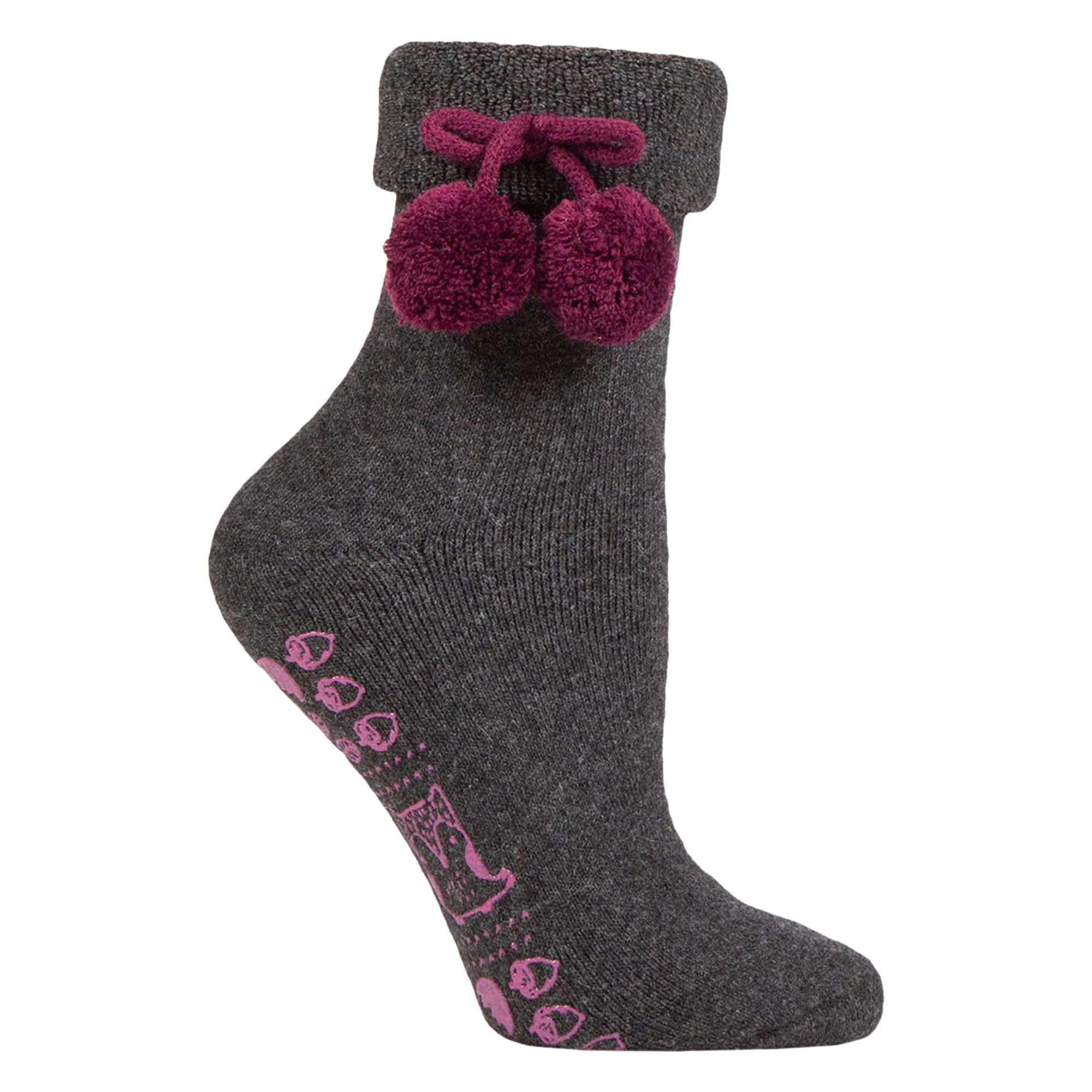 ELLE 1 Pair Womens Wool Mix Slipper Socks with Pom Pom - Warm Soft Cosy Comfort