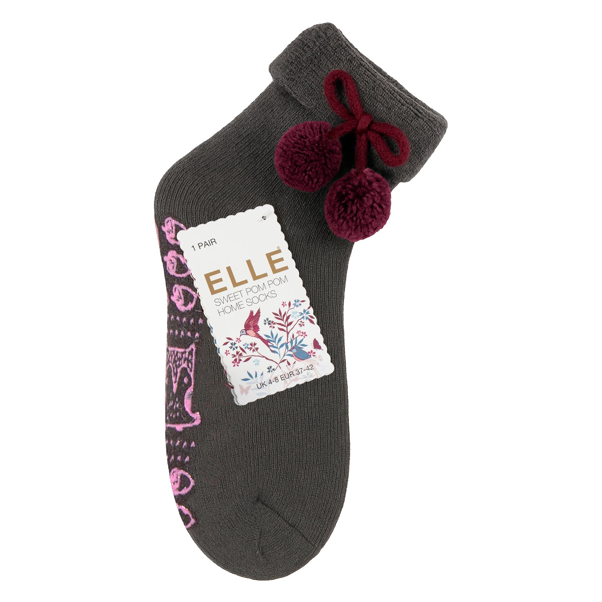 ELLE 1 Pair Womens Wool Mix Slipper Socks with Pom Pom - Warm Soft Cosy Comfort