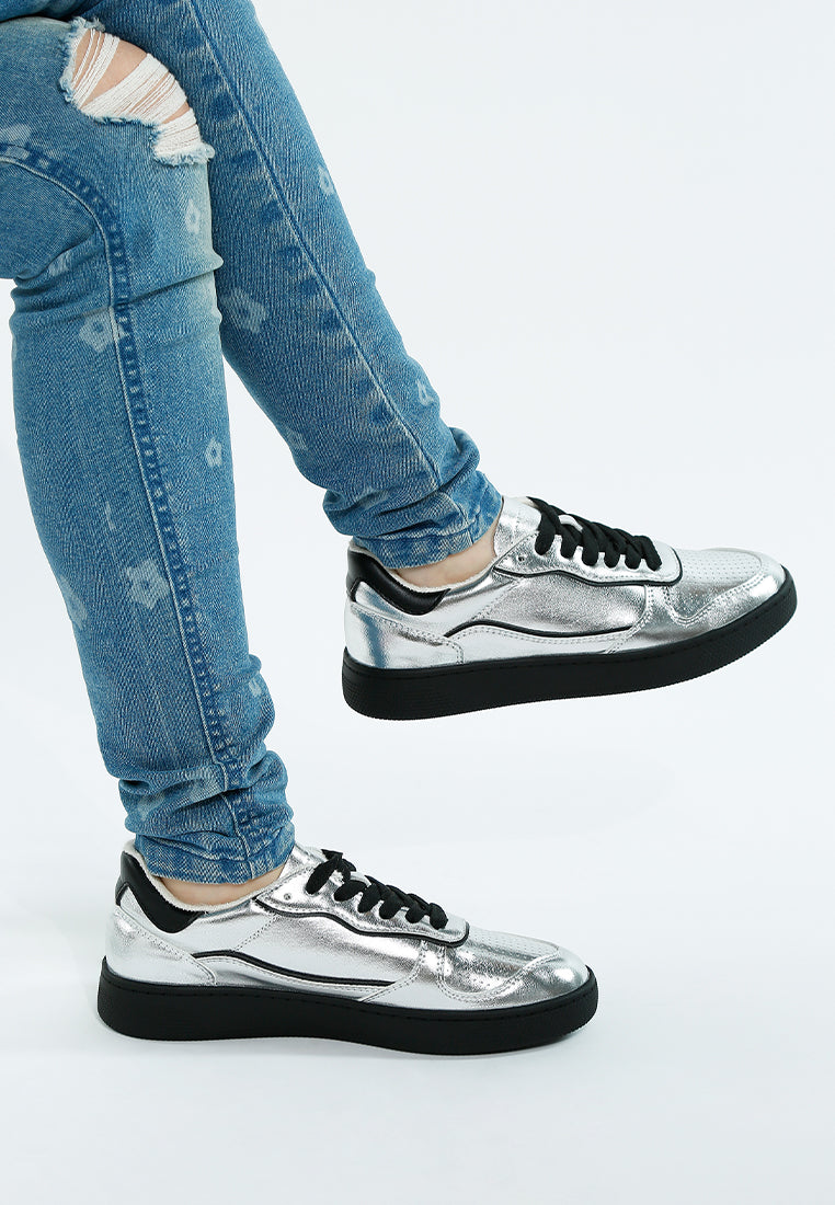 Leather Lace Up Round Toe Black Trainers