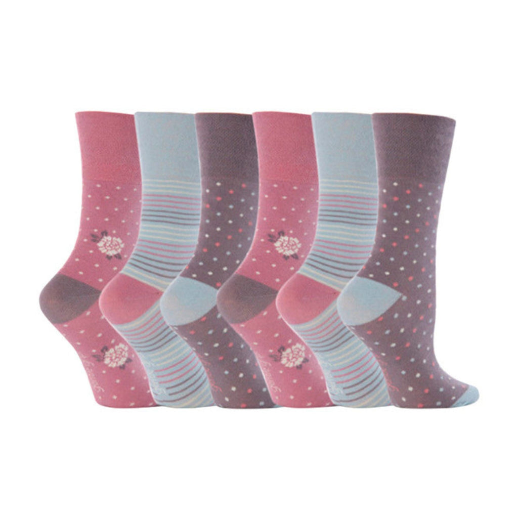 Gentle Grip 6 Pack Womens Non Elastic Patterned Cotton Socks for Poor Circulation