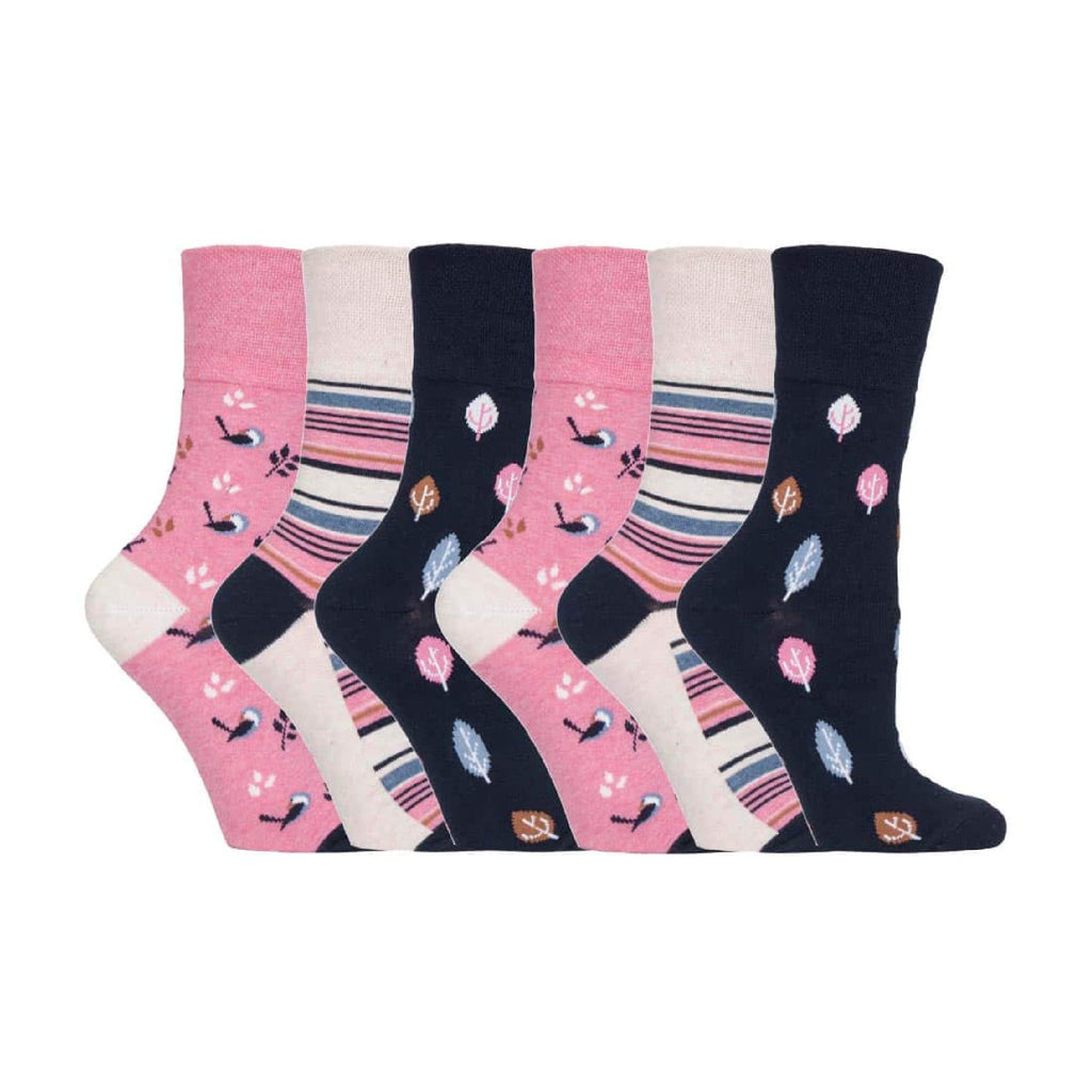 Gentle Grip 6 Pack Womens Non Elastic Loose Top Patterned Cotton Rich Socks