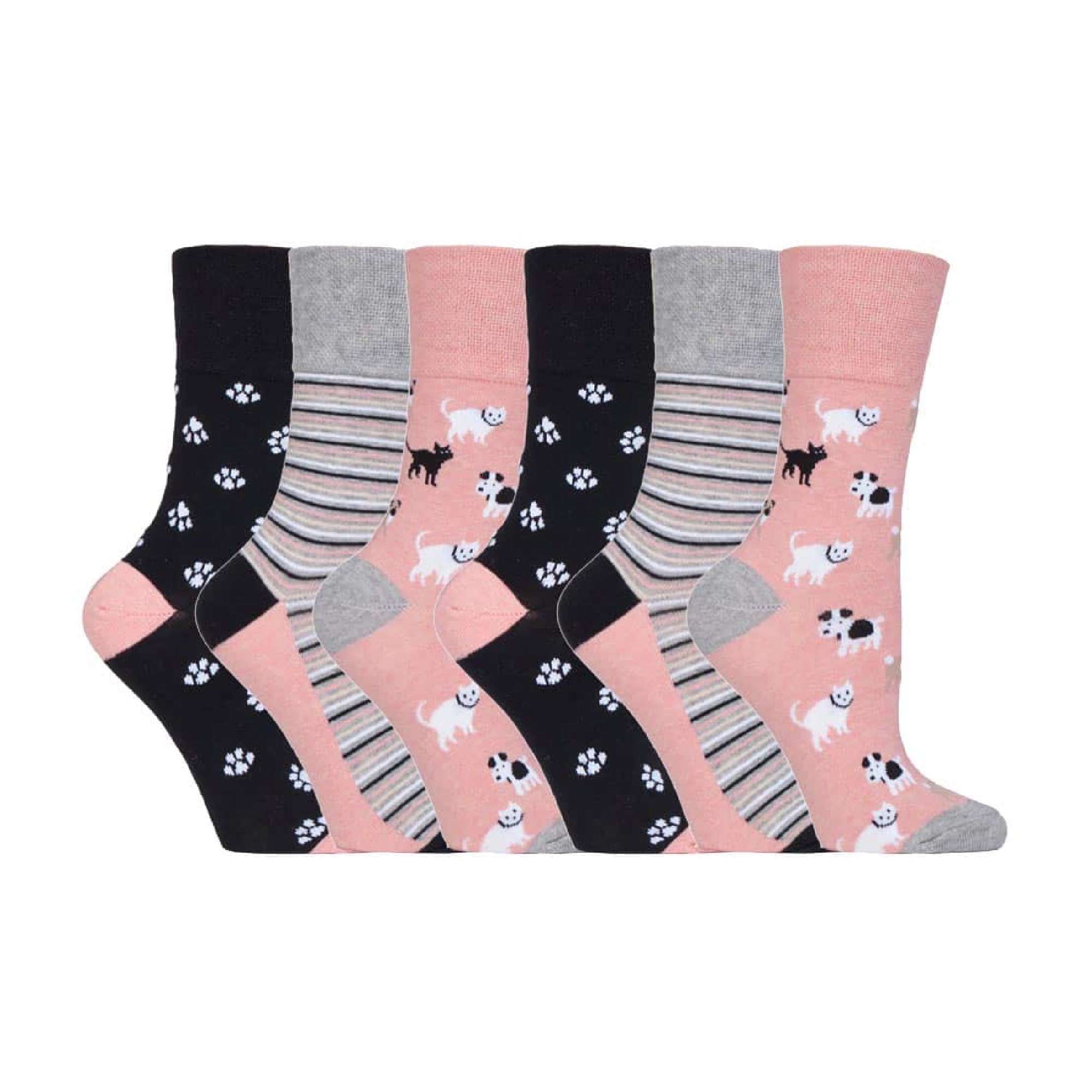 Gentle Grip 6 Pack Womens Non Elastic Loose Top Patterned Cotton Rich Socks