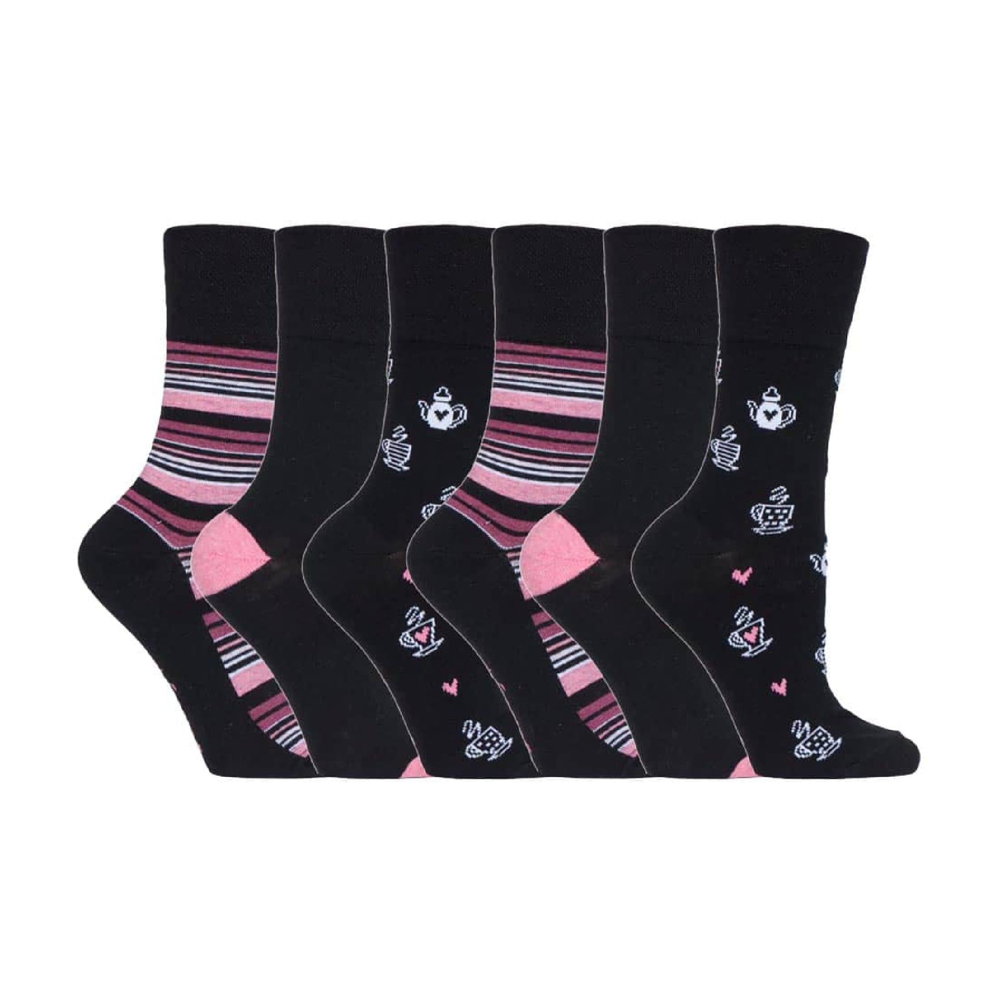 Gentle Grip 6 Pack Womens Non Elastic Loose Top Patterned Cotton Rich Socks