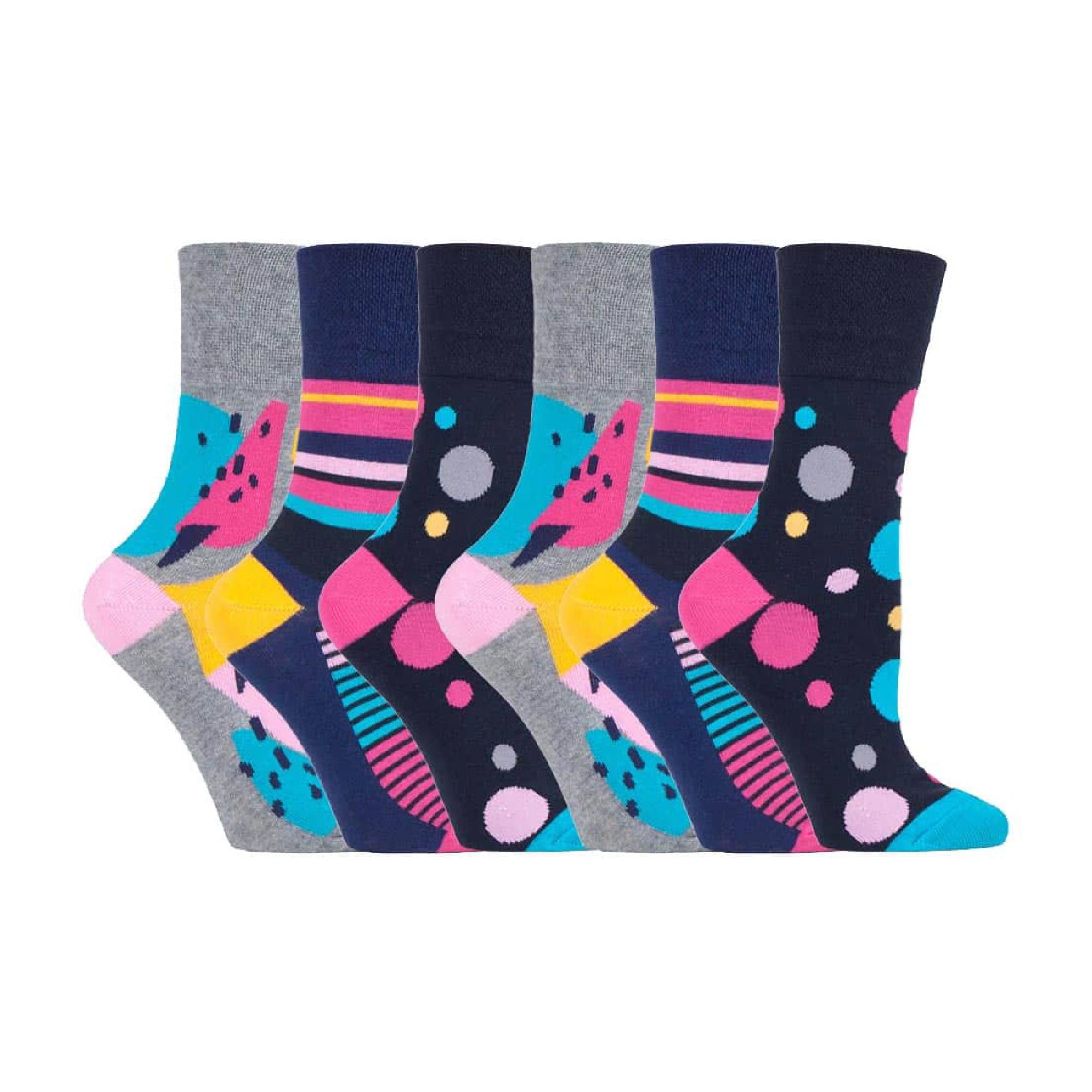 Gentle Grip 6 Pack Womens Non Elastic Loose Top Patterned Cotton Rich Socks