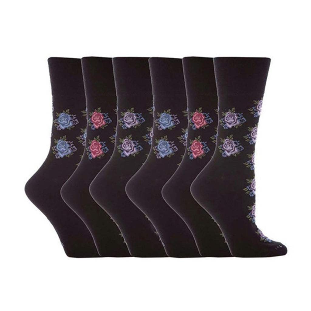 Gentle Grip 6 Pack Womens Non Elastic Floral Patterned Cotton Socks