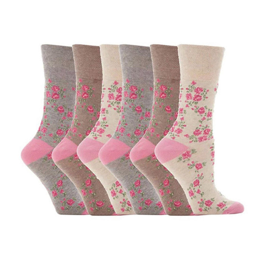 Gentle Grip 6 Pack Womens Non Elastic Floral Patterned Cotton Socks