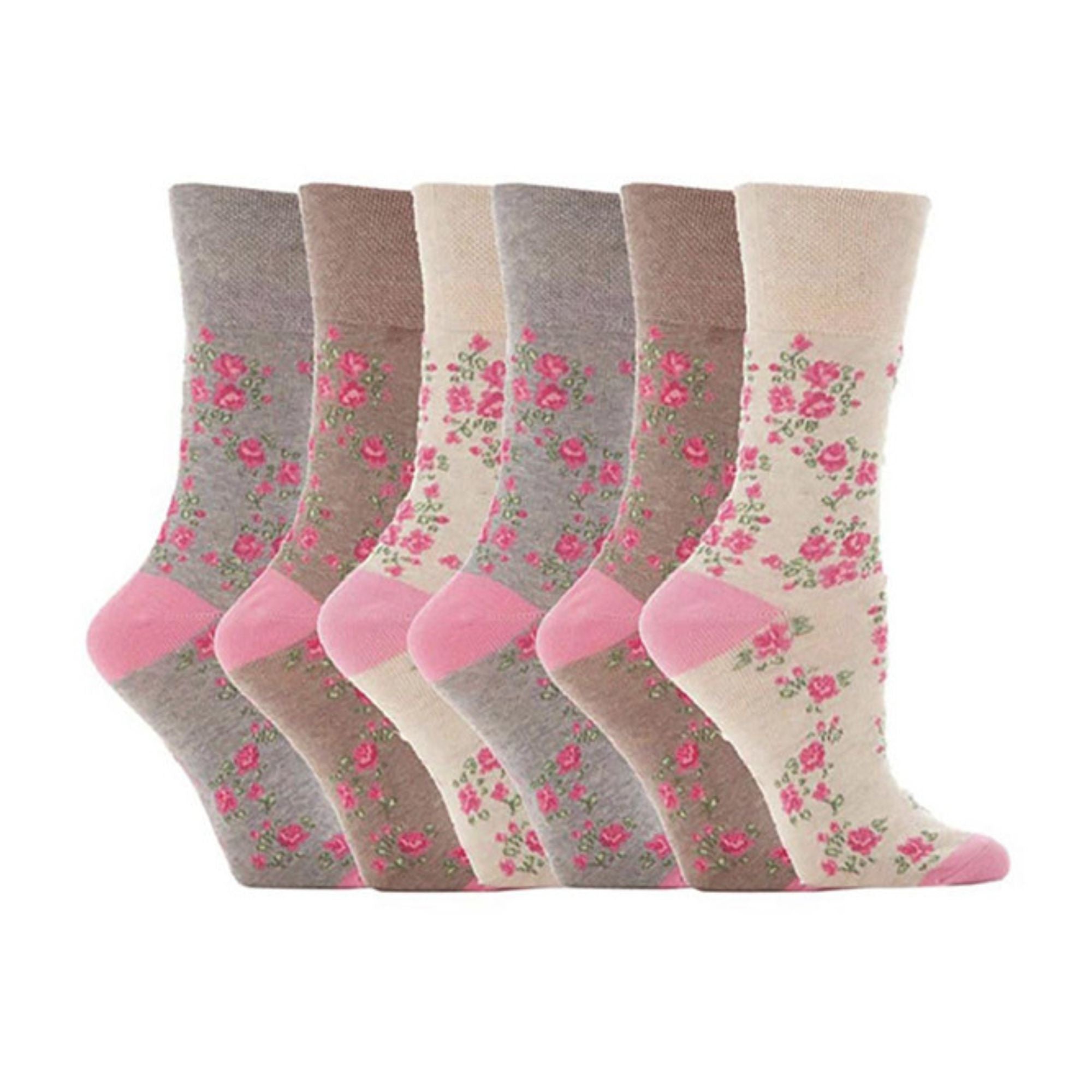 Gentle Grip 6 Pack Womens Non Elastic Floral Patterned Cotton Socks