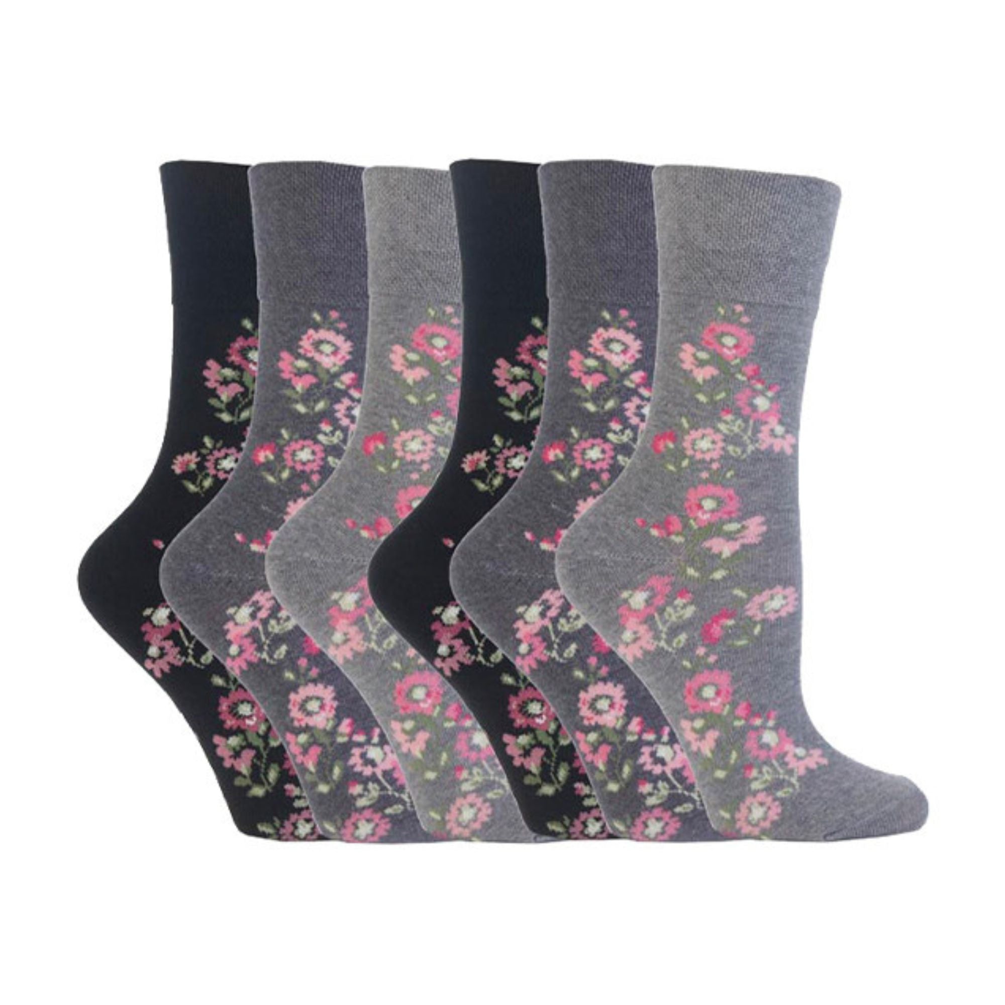 Gentle Grip 6 Pack Womens Non Elastic Floral Patterned Cotton Socks