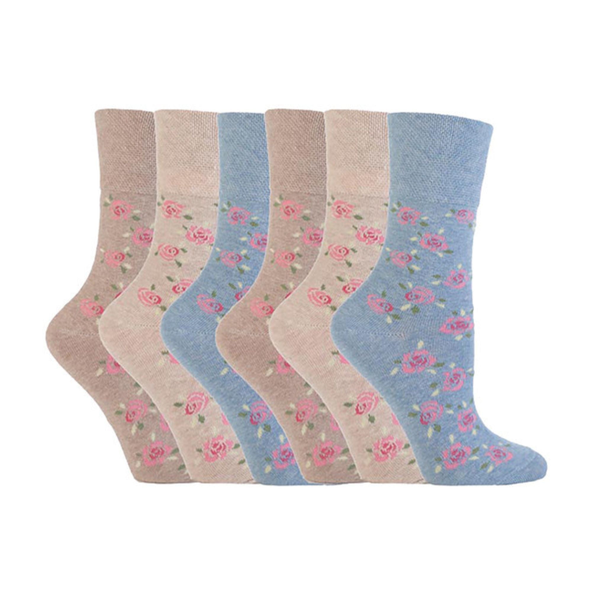 Gentle Grip 6 Pack Womens Non Elastic Floral Patterned Cotton Socks