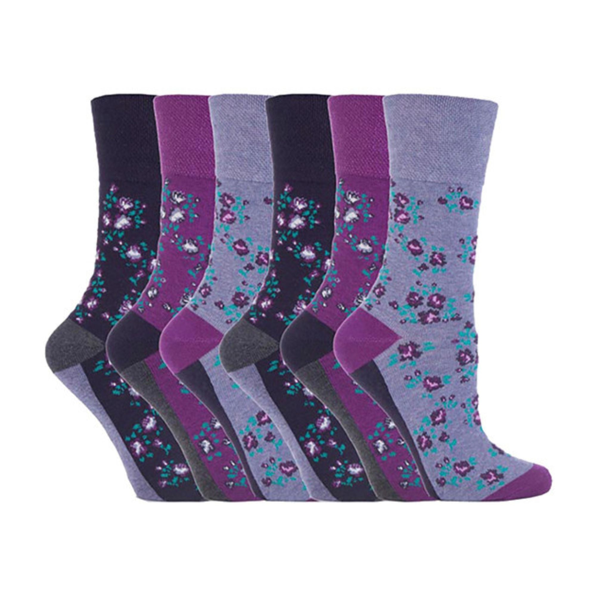 Gentle Grip 6 Pack Womens Non Elastic Floral Patterned Cotton Socks