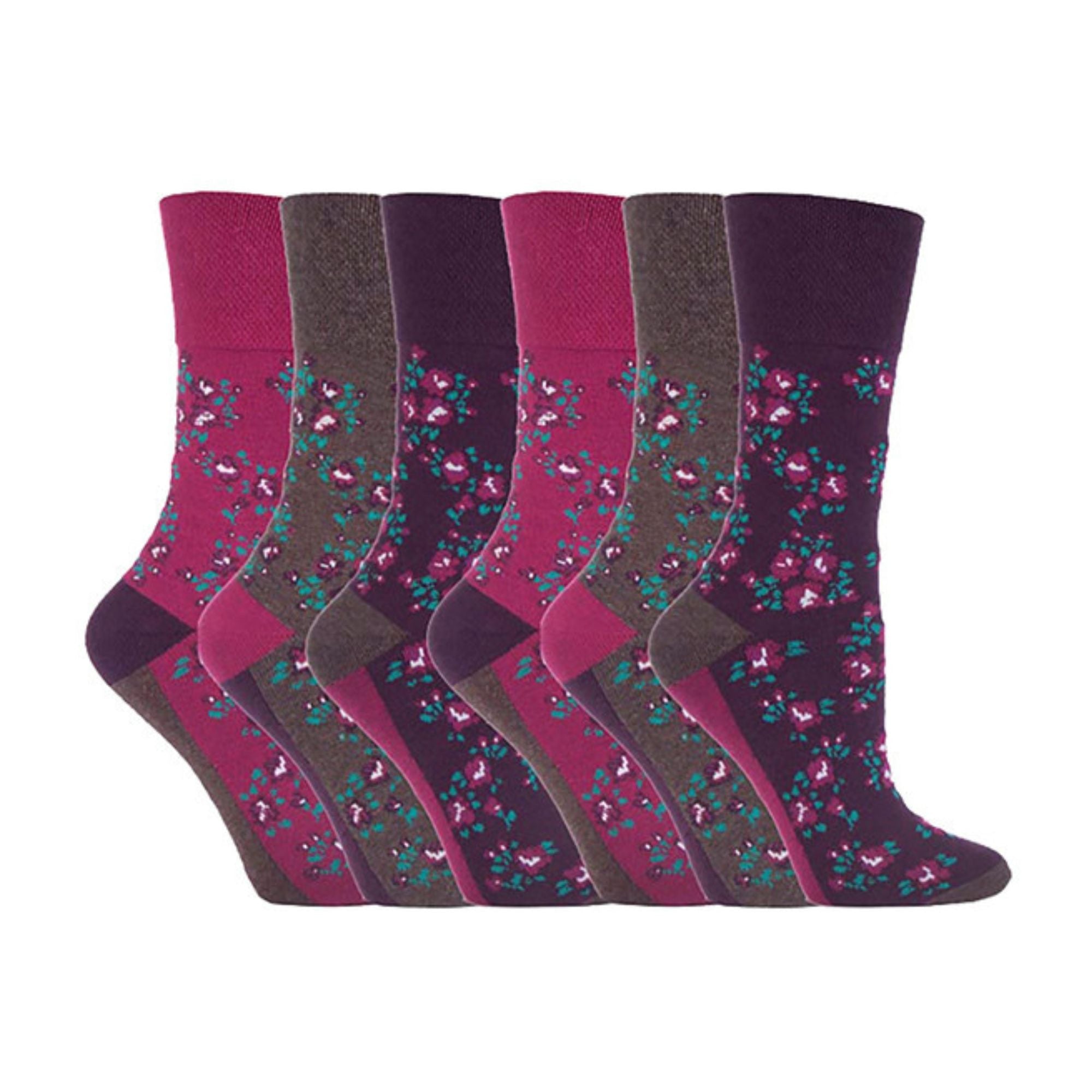 Gentle Grip 6 Pack Womens Non Elastic Floral Patterned Cotton Socks
