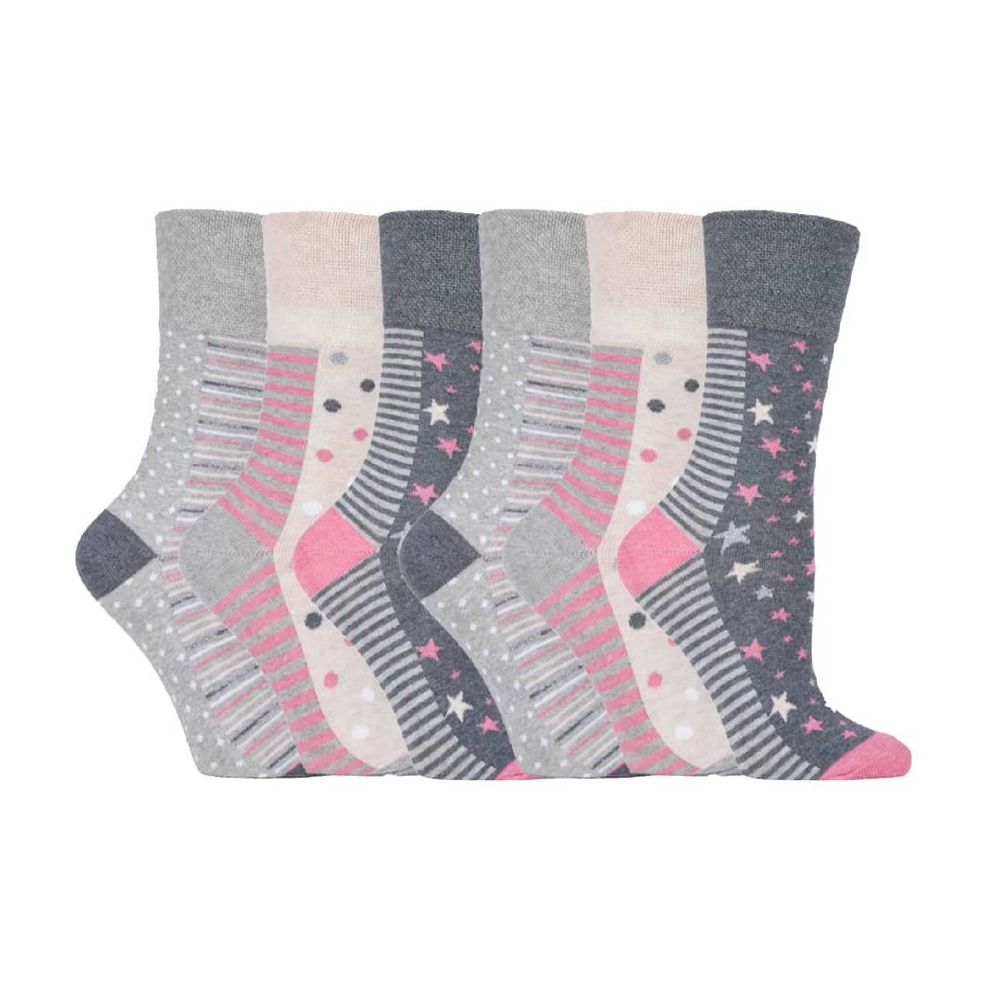 Gentle Grip 6 Pack Womens Patterned Non Elastic Cotton Socks