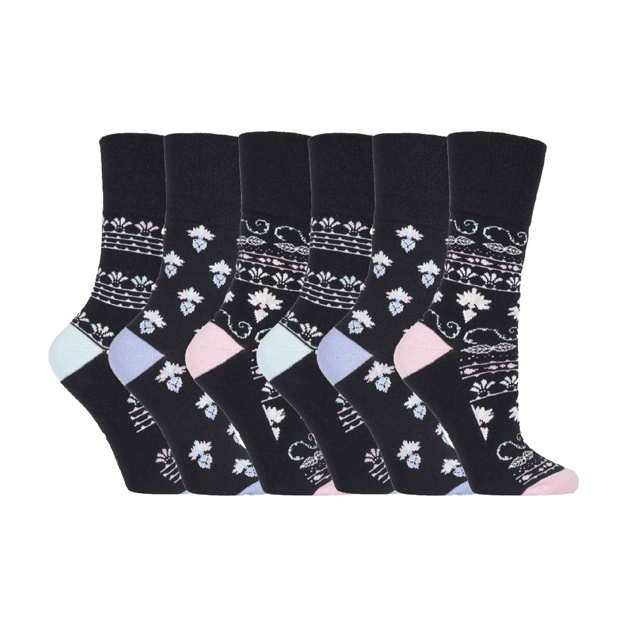 Gentle Grip 6 Pack Womens Patterned Non Elastic Cotton Socks