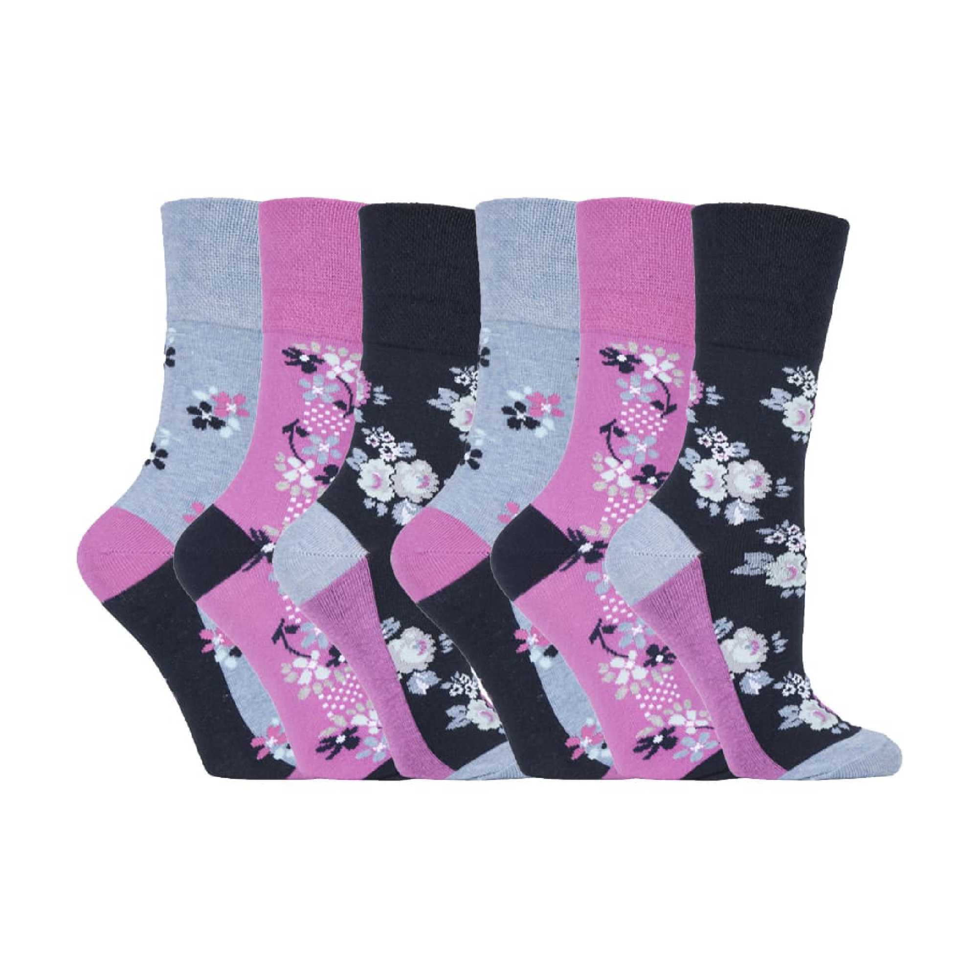 Gentle Grip 6 Pack Womens Patterned Non Elastic Cotton Socks