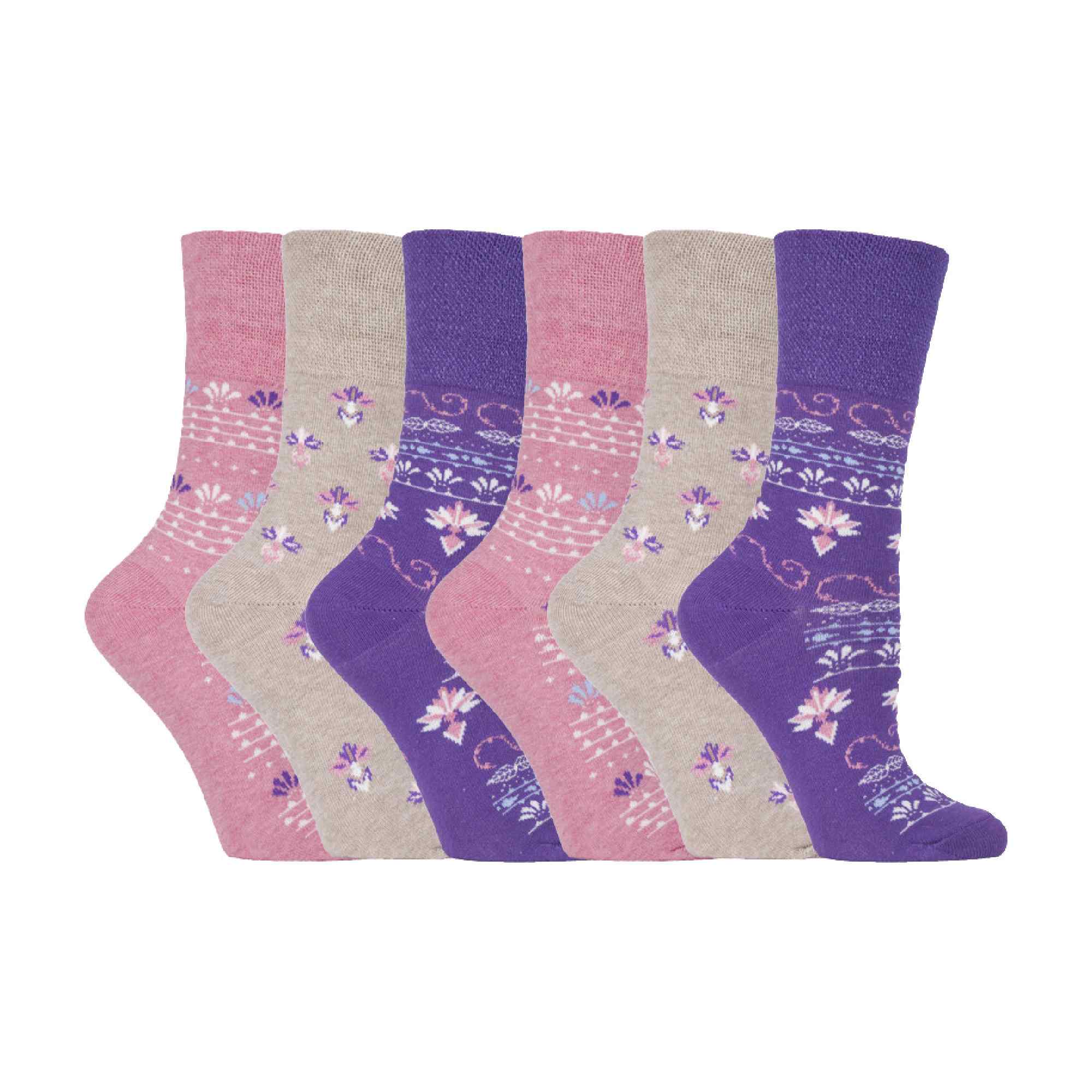 Gentle Grip 6 Pack Womens Patterned Non Elastic Cotton Socks