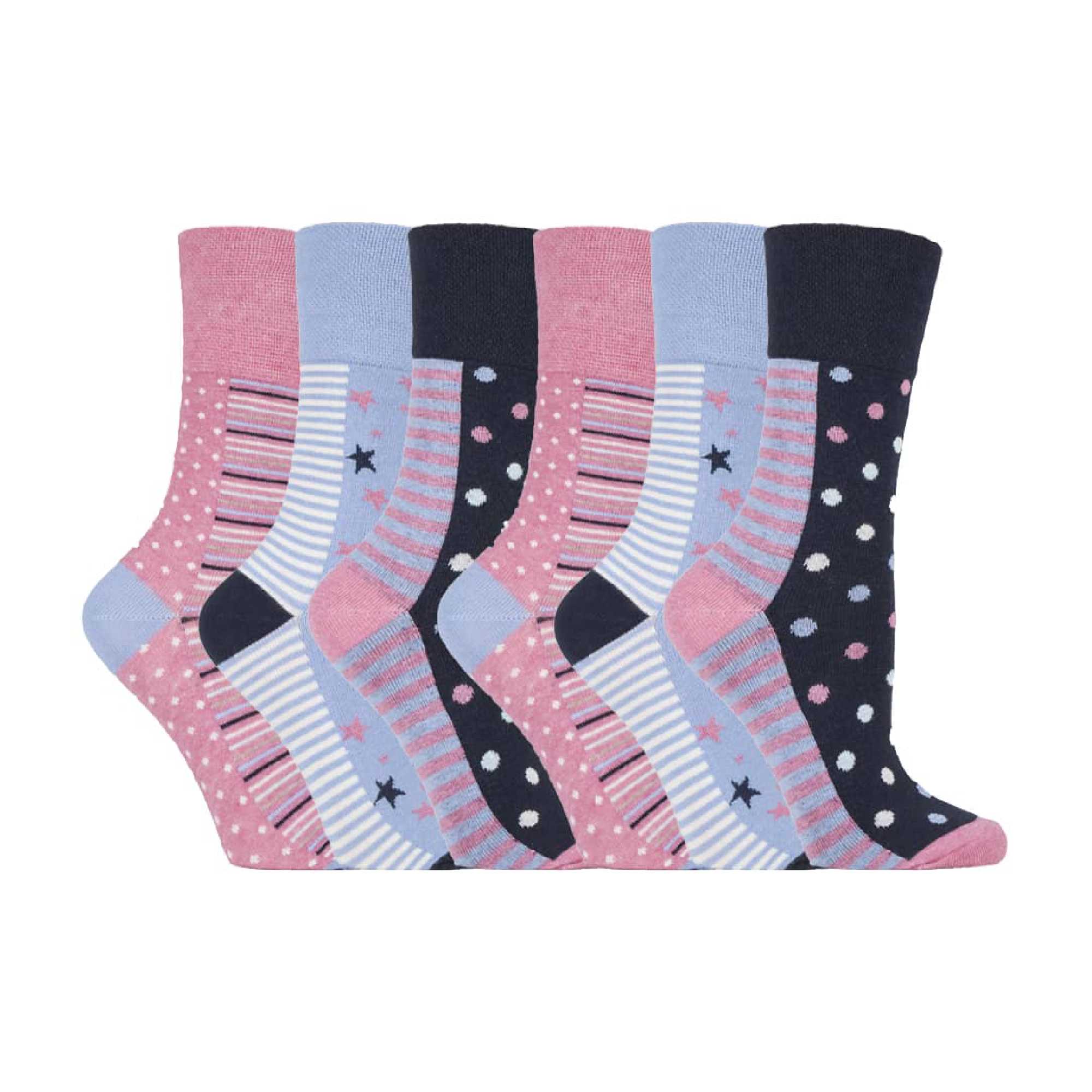 Gentle Grip 6 Pack Womens Patterned Non Elastic Cotton Socks