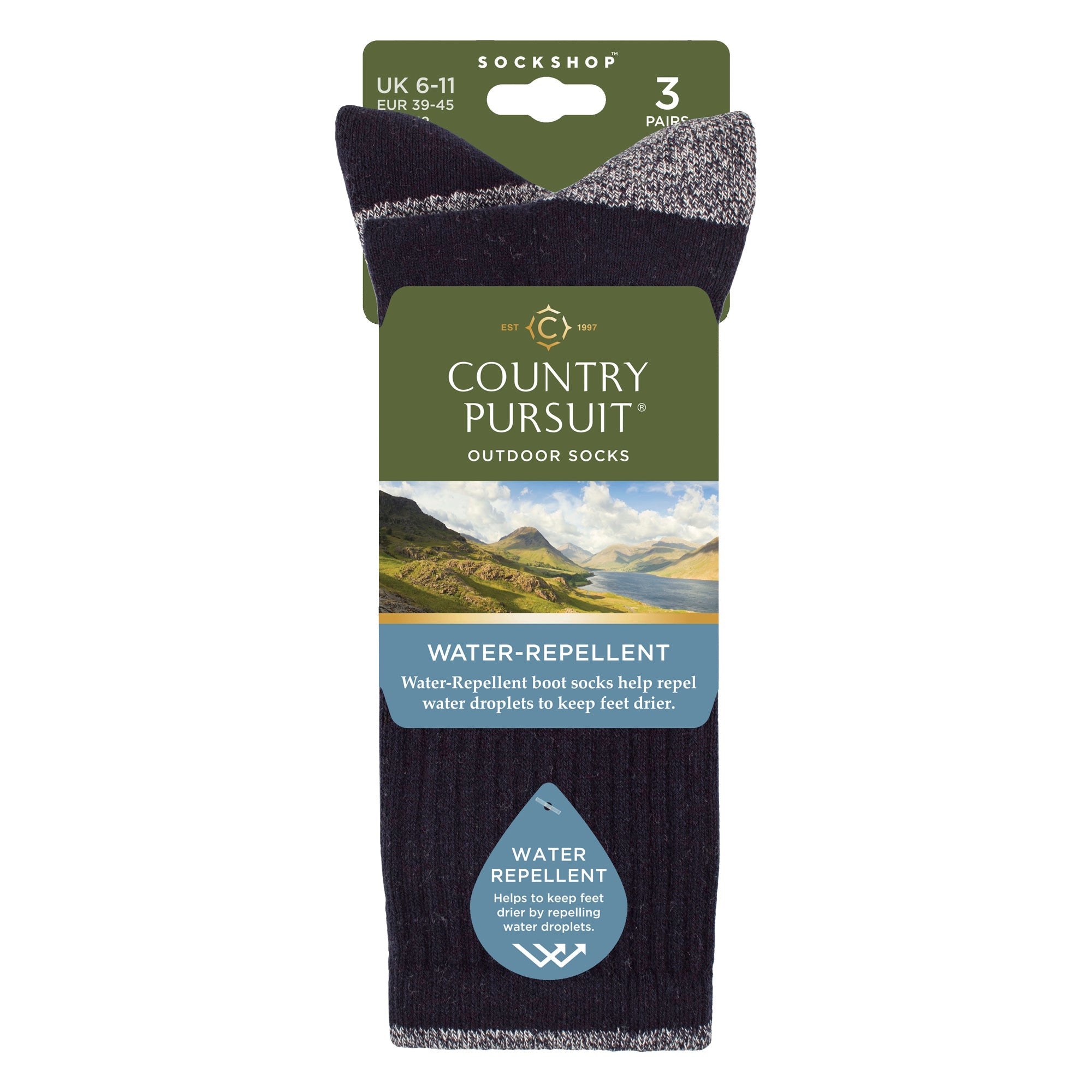 Country Pursuit 3 Pairs Mens Water Repellent Midweight Outdoor Socks for Hiking and Walking