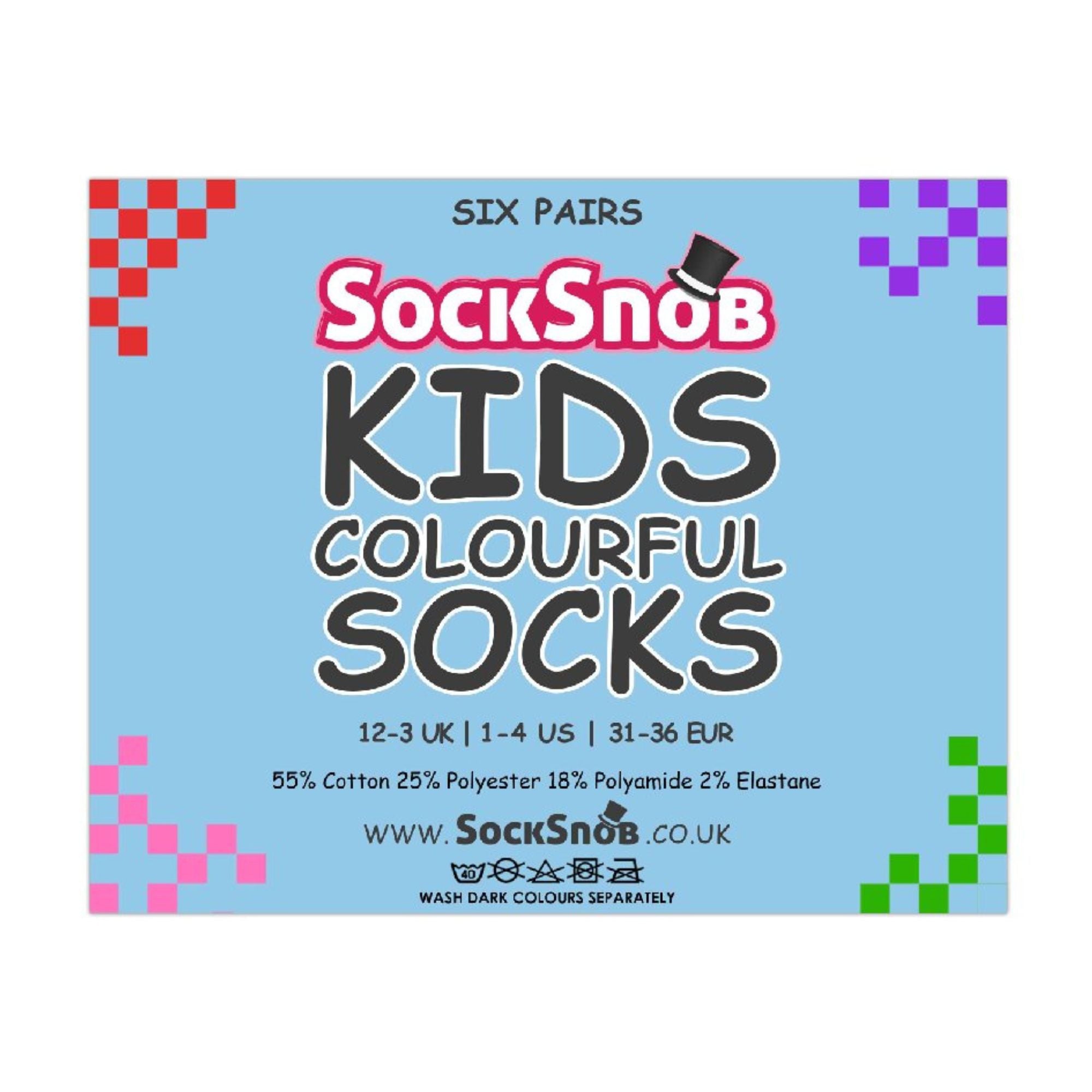 Sock Snob 6 Pack Kids Plain Solid Coloured Cotton Socks
