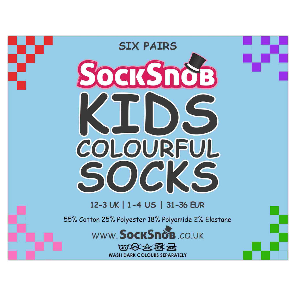 Sock Snob 6 Pack Kids Plain Solid Coloured Cotton Socks