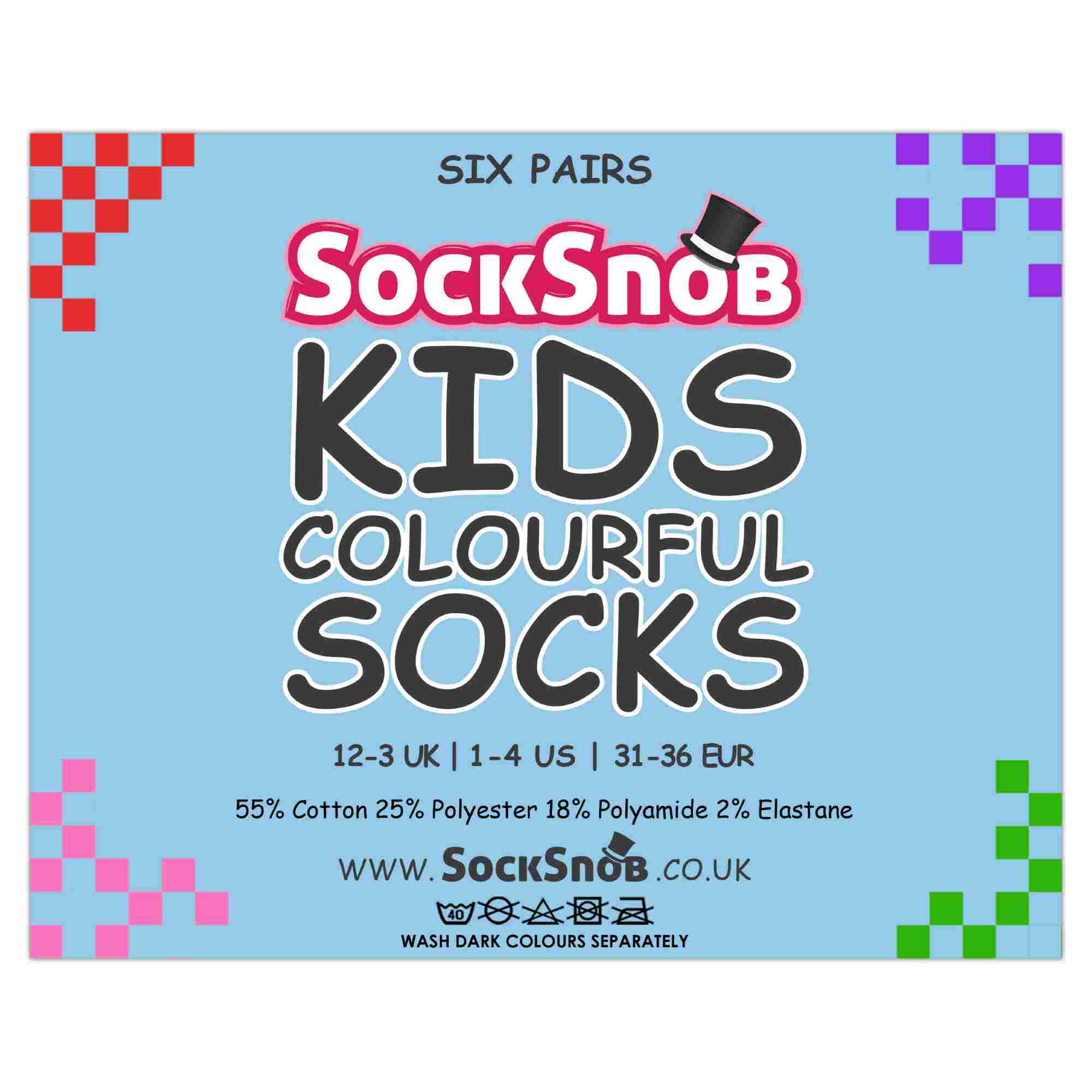 Sock Snob 6 Pack Kids Plain Solid Coloured Cotton Socks