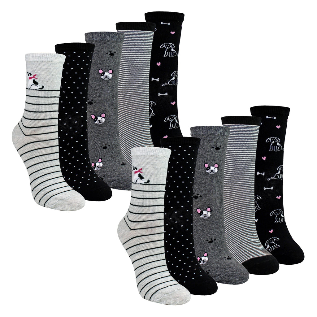 Sock Snob 10 Pairs Womens Dog Patterned Socks - Soft Cotton Rich Fun Dog Design Socks