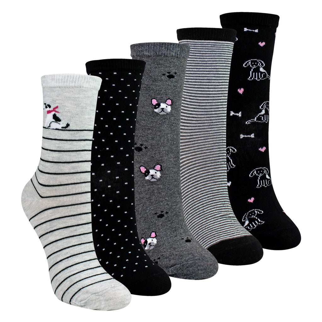 Sock Snob 5 Pairs Womens Dog Patterned Socks - Soft Cotton Rich Fun Dog Design Socks