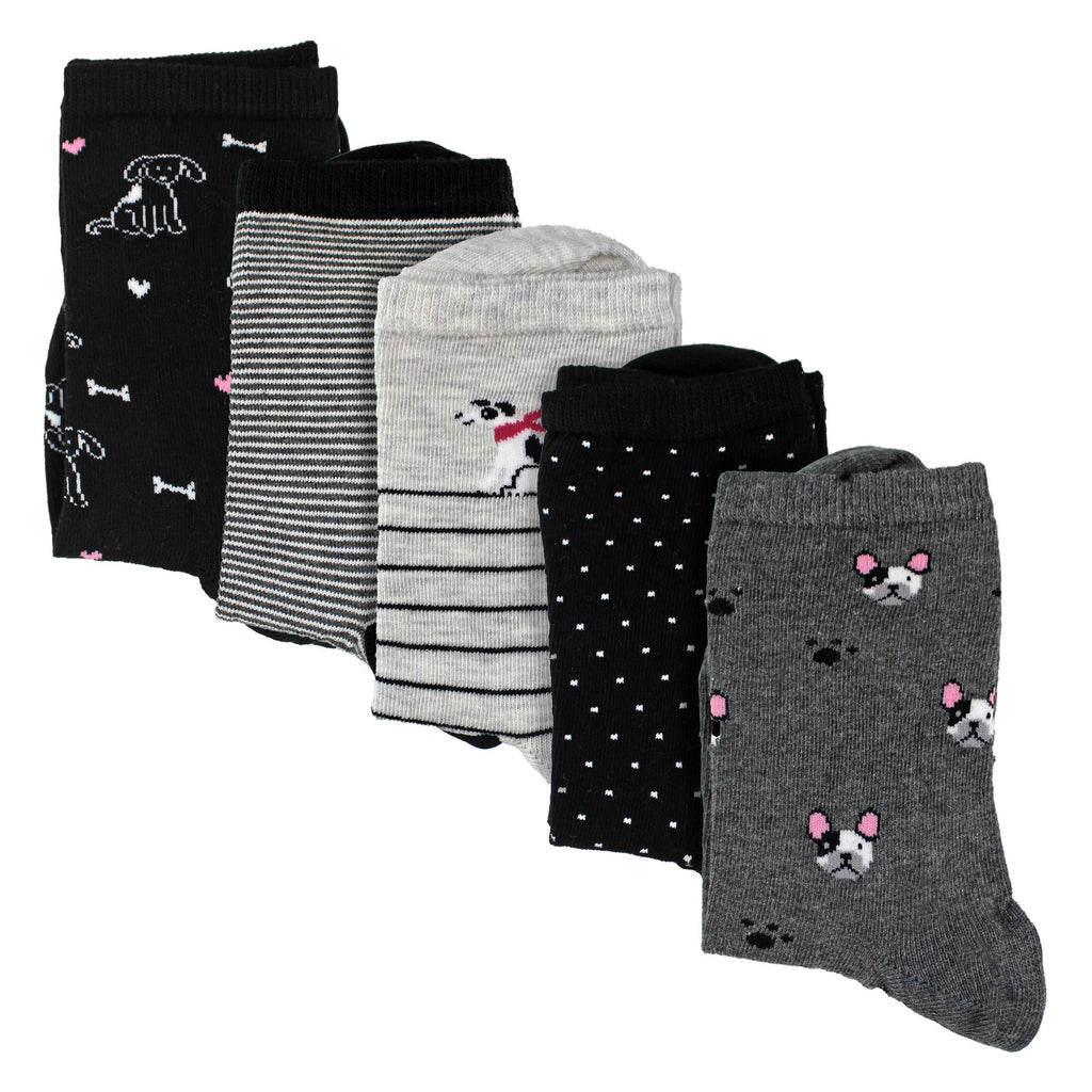 Sock Snob 5 Pairs Womens Dog Patterned Socks - Soft Cotton Rich Fun Dog Design Socks