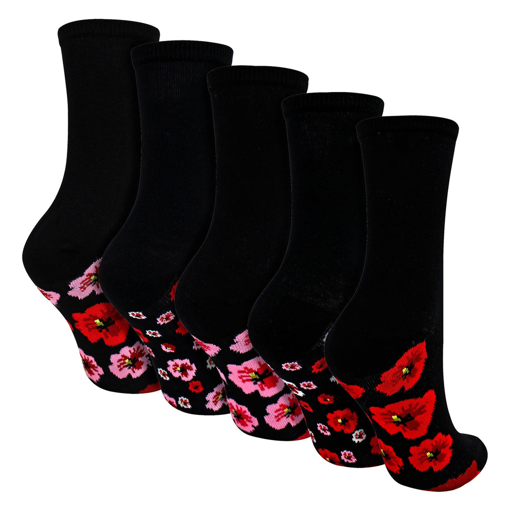 Sock Snob 5 Pairs Womens Poppy Footbed Socks - Soft Cotton Rich Floral Everyday Socks