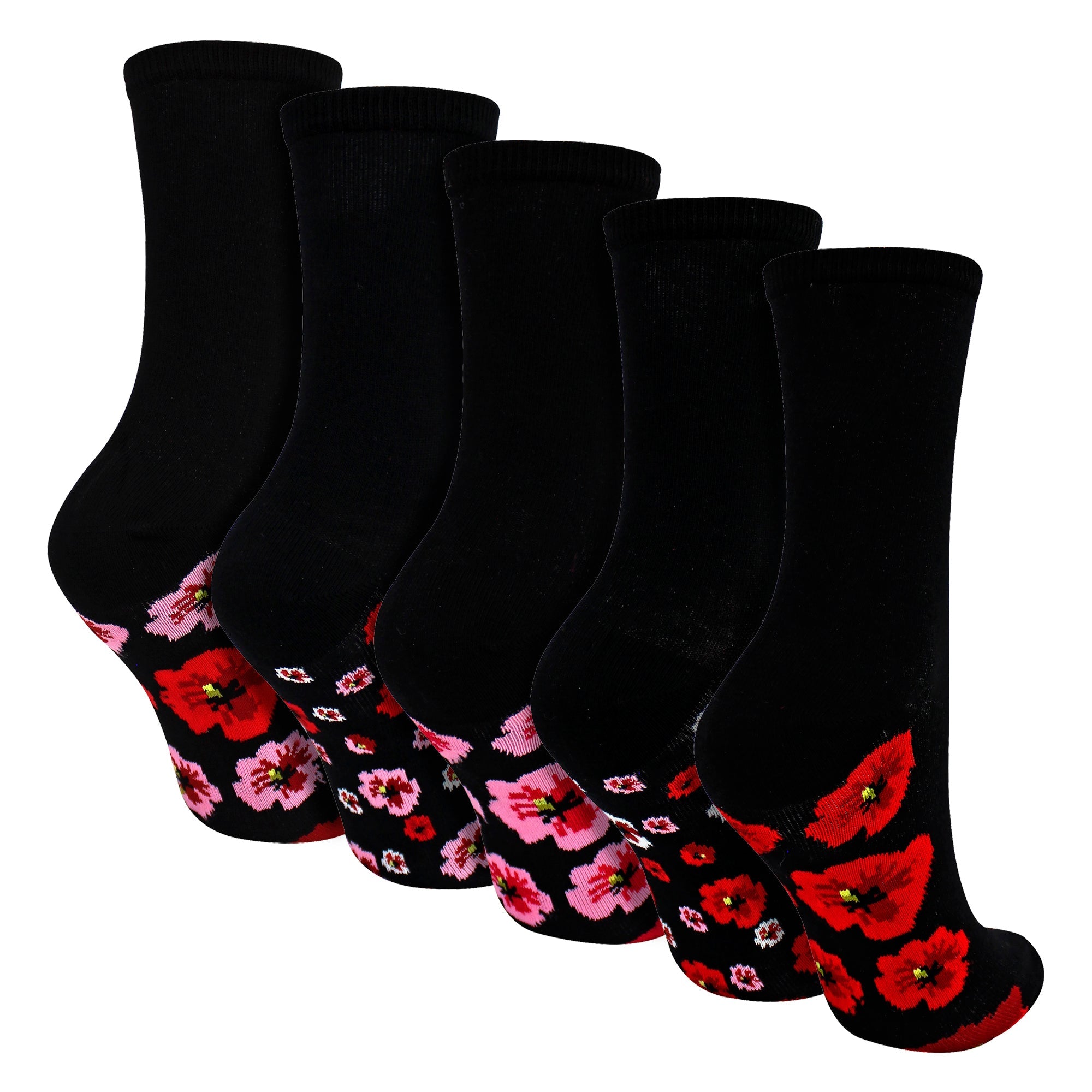 Sock Snob 5 Pairs Womens Poppy Footbed Socks - Soft Cotton Rich Floral Everyday Socks