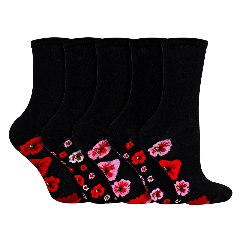 Sock Snob 5 Pairs Womens Poppy Footbed Socks - Soft Cotton Rich Floral Everyday Socks