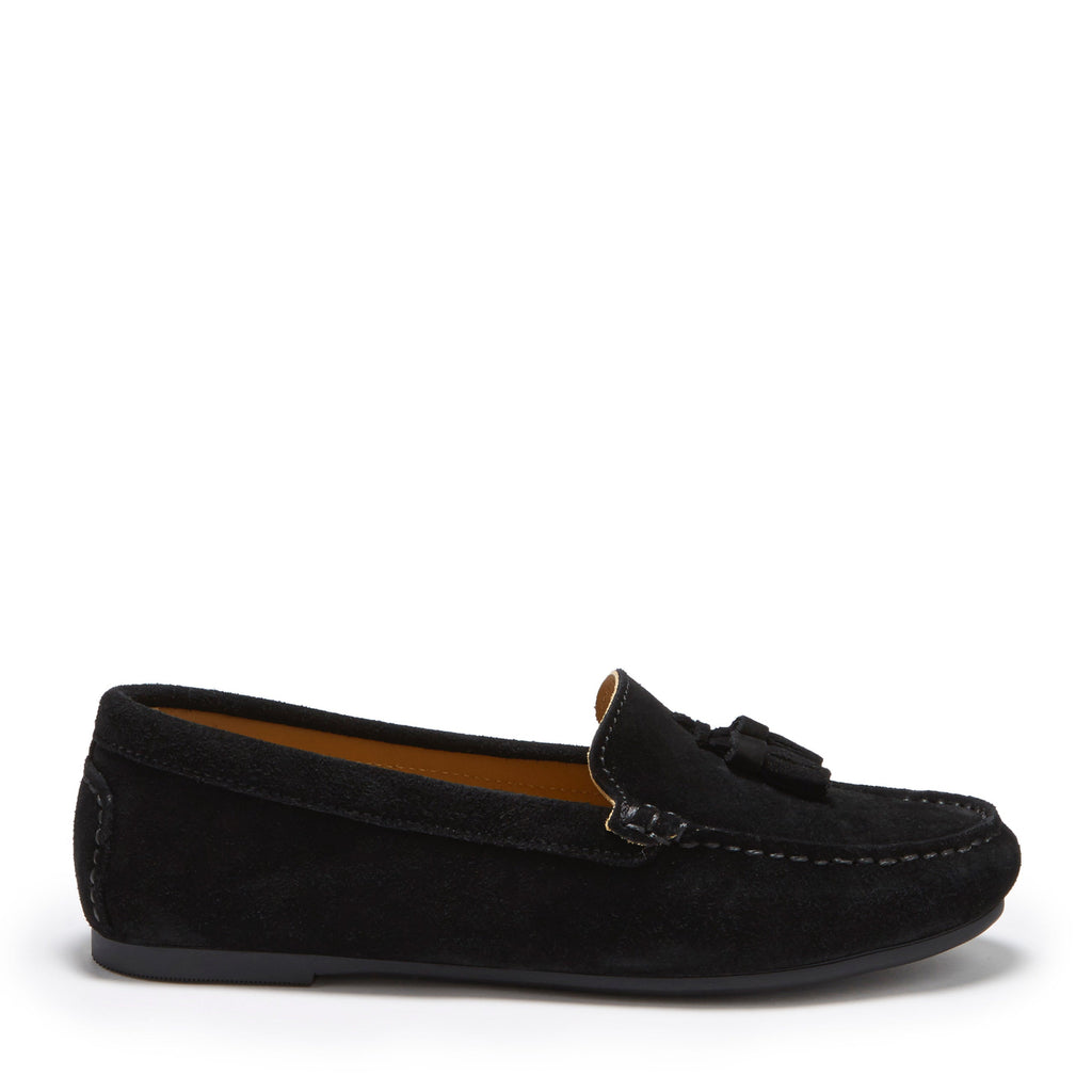Hugs & Co Womens Tasselled Driving Loafers Full Rubber Sole Black Suede