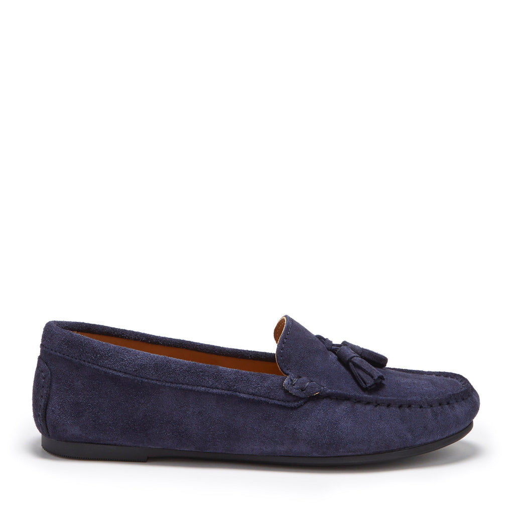 Hugs & Co Womens Tasselled Driving Loafers Full Rubber Sole Navy Blue Suede