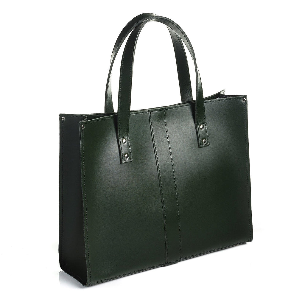 Zatchels Ivy Green leather shopper bag angled view
