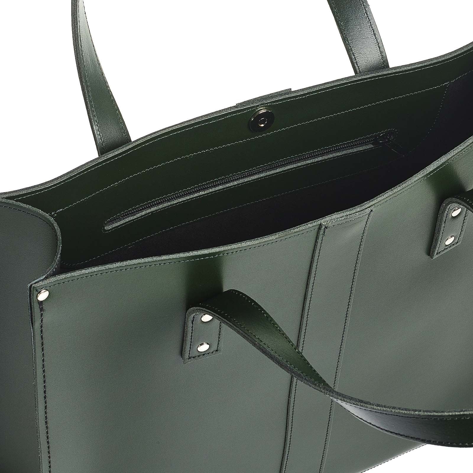 Zatchels Ivy Green leather shopper bag open view