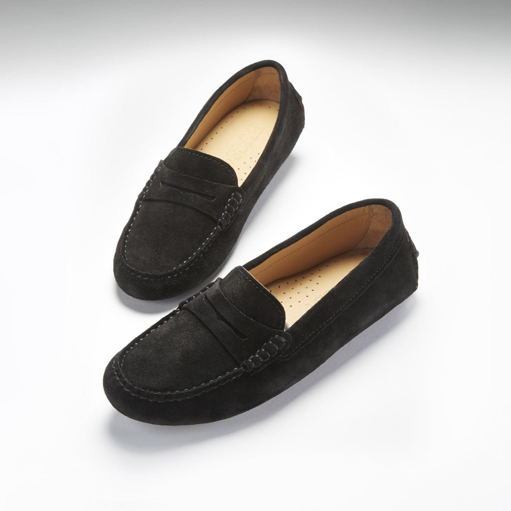 Hugs & Co Womens Penny Driving Loafers Black Suede