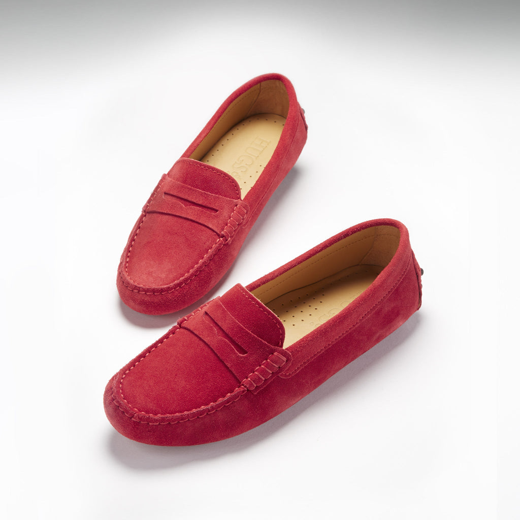 Hugs & Co Womens Penny Driving Loafers Red Suede