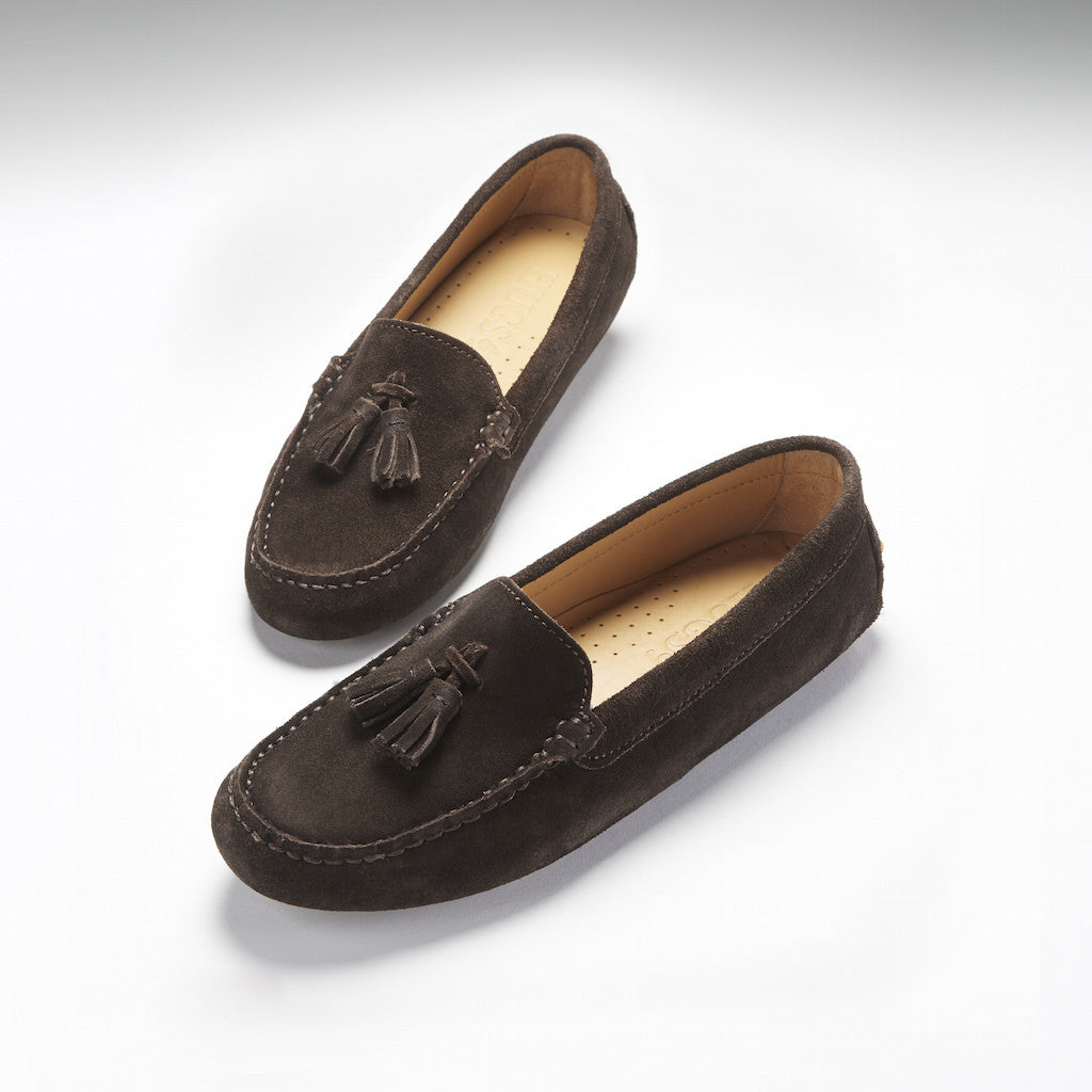 Hugs & Co Womens Tasselled Driving Loafers Brown Suede