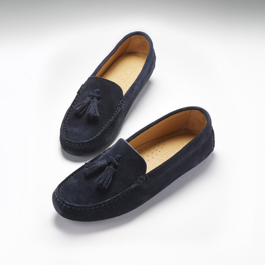 Hugs & Co Womens Tasselled Driving Loafers Navy Blue Suede