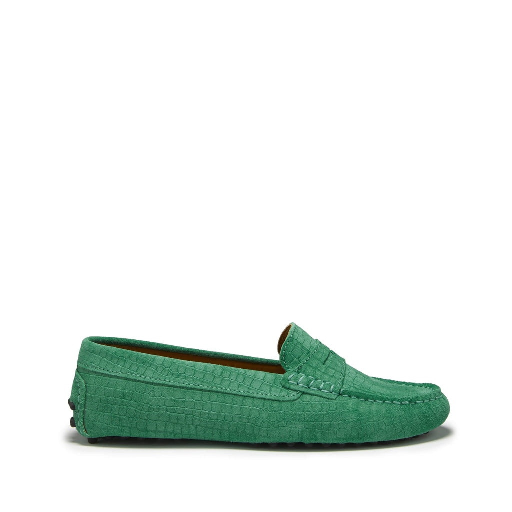 Hugs & Co Womens Penny Driving Loafers Emerald Embossed Suede