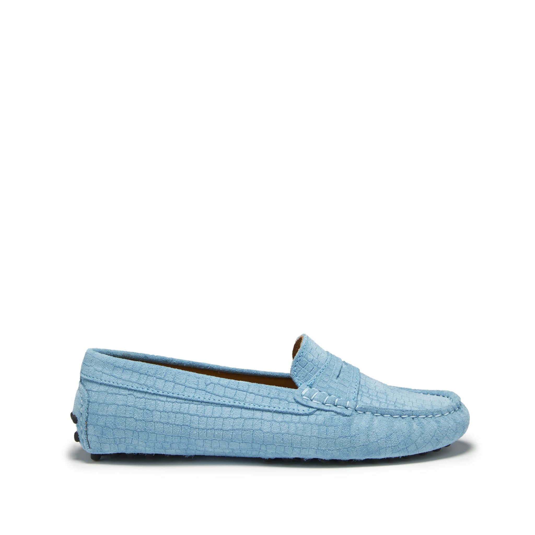 Hugs & Co Womens Penny Driving Loafers Blue Embossed Suede