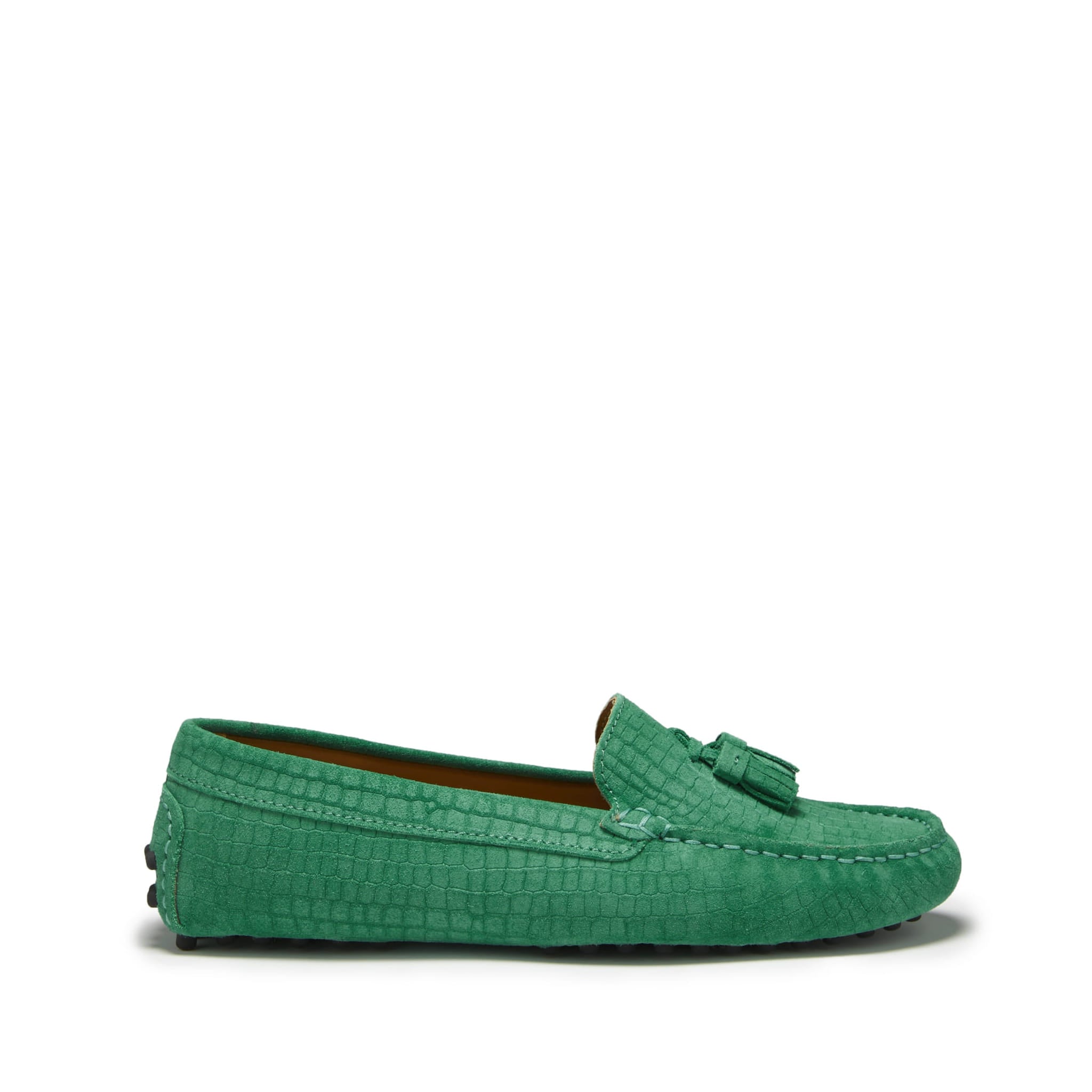 Hugs & Co Womens Tasselled Driving Loafers Emerald Embossed Suede