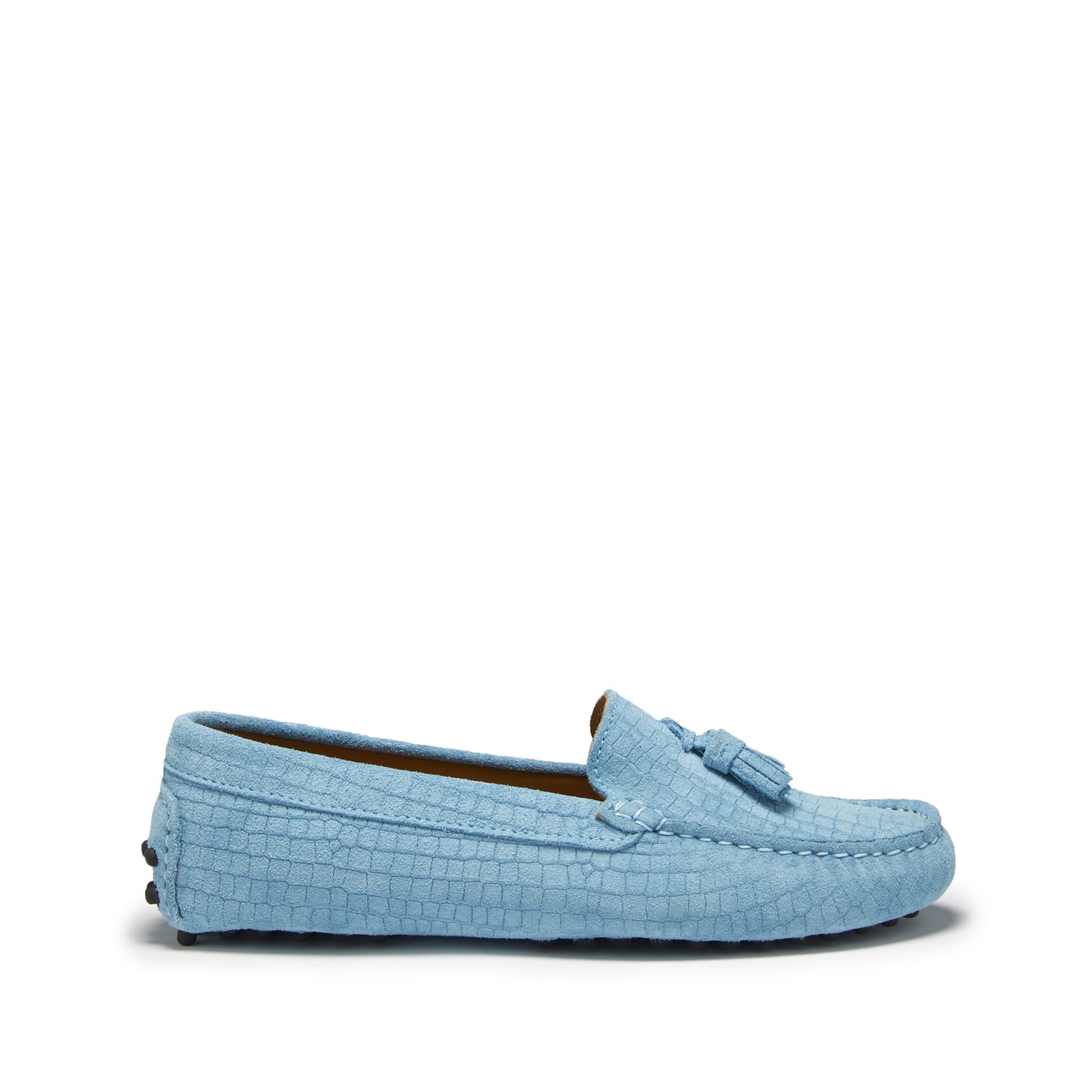 Hugs & Co Womens Tasselled Driving Loafers Blue Embossed Suede